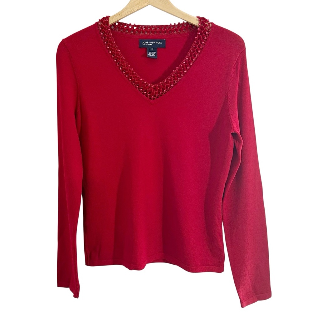 Jones New York Signature Medium Red Braided Velvet Beaded Long Sleeve Top